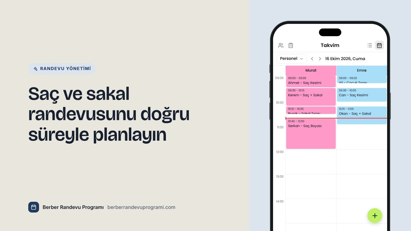 Planla Business uygulamasında iki berberin takvimi; saç kesimi, sakal tıraşı ve saç boyası farklı uzunlukta randevular olarak görünüyor.