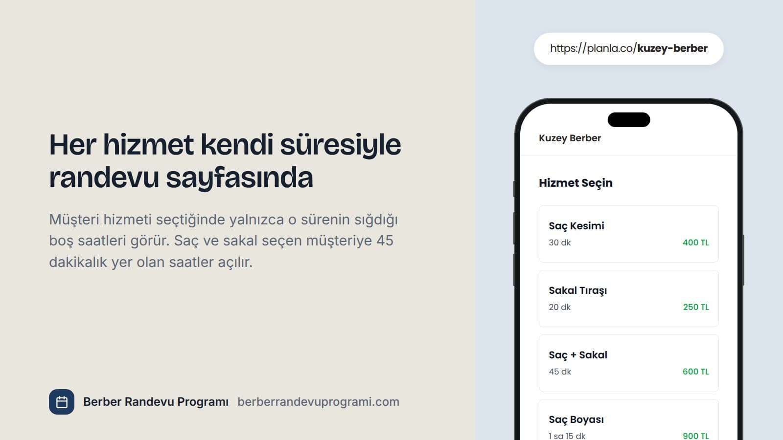 Planla online randevu sayfasında saç kesimi, sakal tıraşı, saç ve sakal ile saç boyası hizmetleri süre ve ücretleriyle listeleniyor.