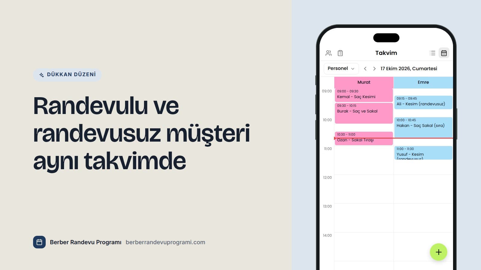 Planla Business uygulamasında iki berberin günlük takvimi: Murat'ın sütununda randevulu müşteriler, Emre'nin sütununda sıradan alınan müşteriler.