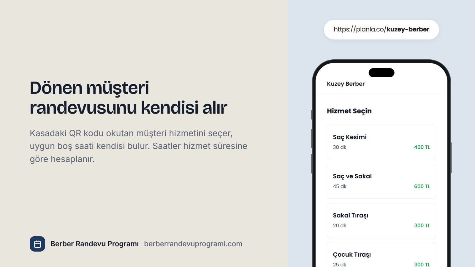 Berberin online randevu sayfasında saç kesimi, saç ve sakal, sakal tıraşı ve çocuk tıraşı hizmetlerinin süre ve fiyatlarıyla listelendiği ekran.