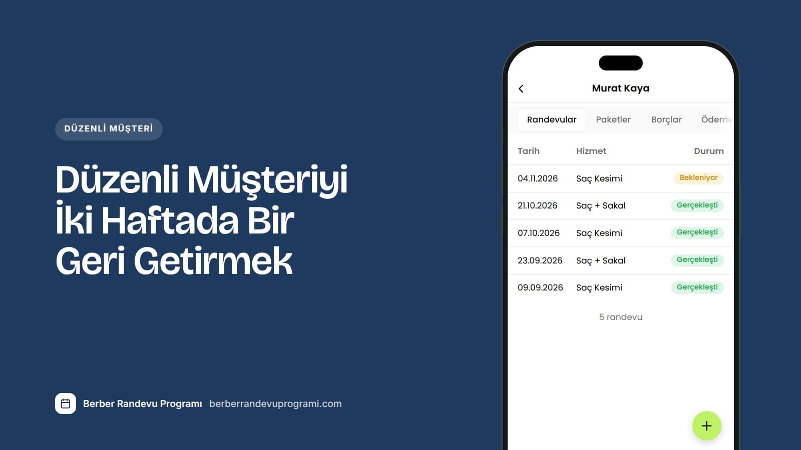 Planla Business uygulamasında Murat Kaya adlı müşterinin randevu geçmişi: iki haftada bir yapılmış saç kesimleri ve iki hafta sonrasına bekleyen randevu.