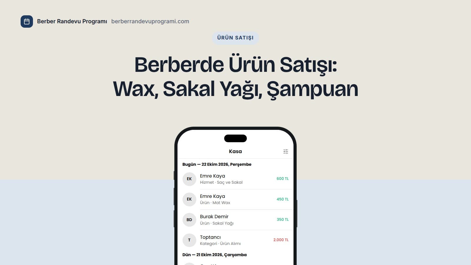 Planla Business uygulamasının kasa ekranı: bugünün kayıtlarında saç ve sakal hizmetinin yanında mat wax ve sakal yağı satışları görünüyor.