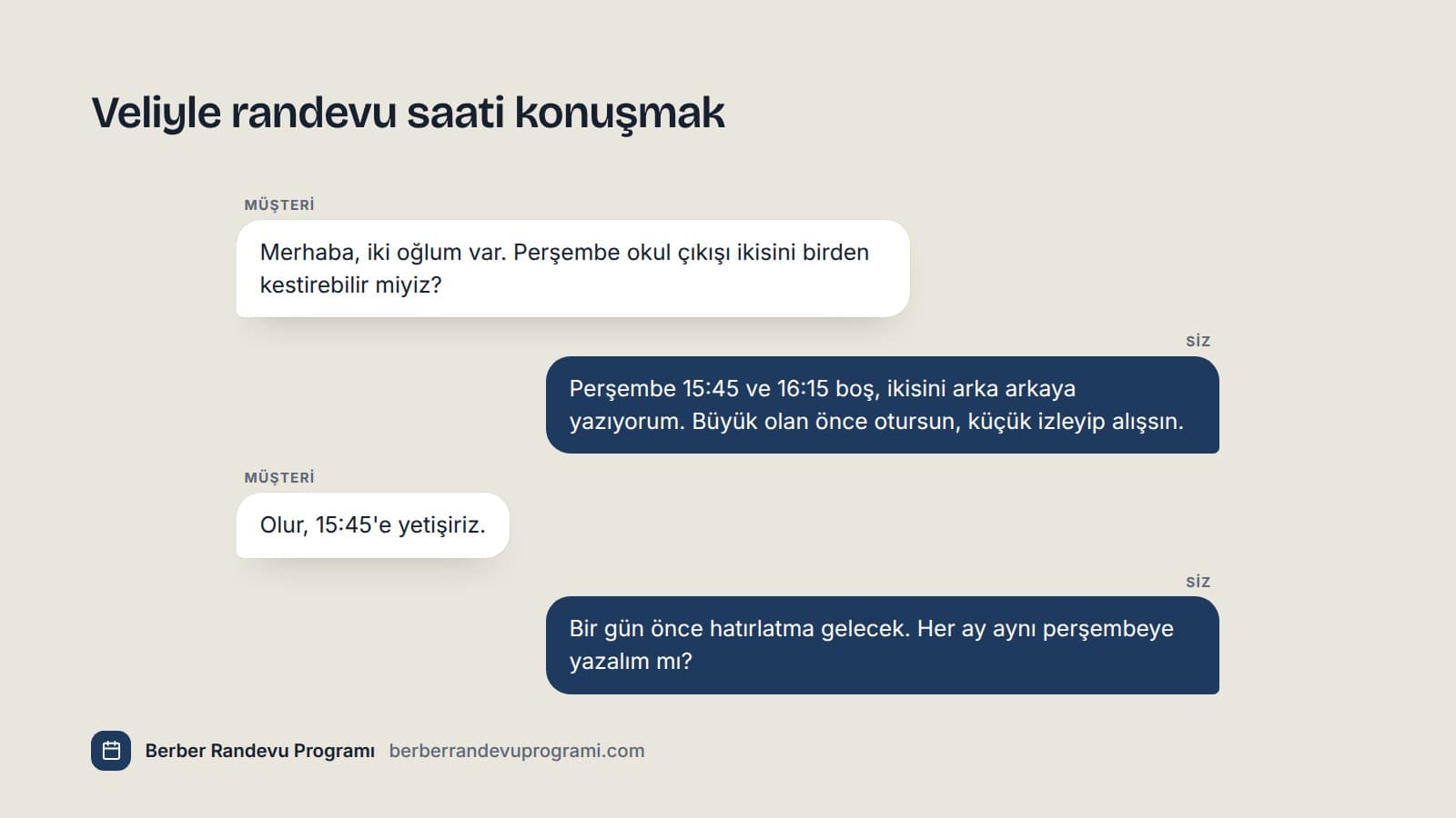 Bir velinin iki oğlu için perşembe okul çıkışı randevu istediği, berberin iki saati arka arkaya yazdığı mesajlaşma.