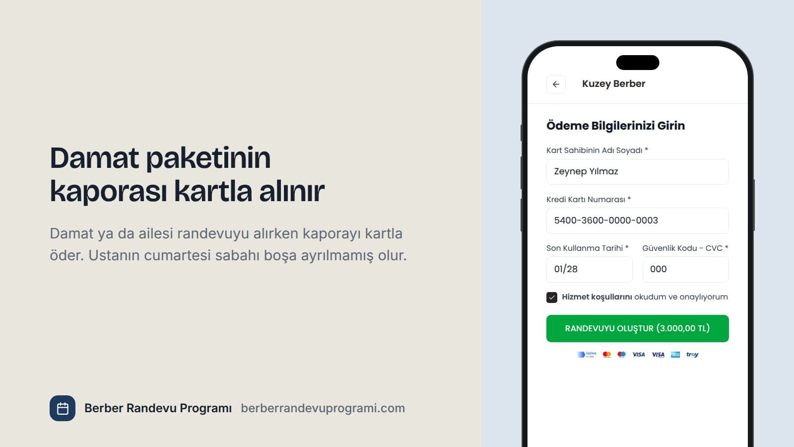 Planla online randevu sayfasının ödeme adımı: iki saatlik Damat Tıraşı Paketi için kredi kartıyla kapora ödemesi.