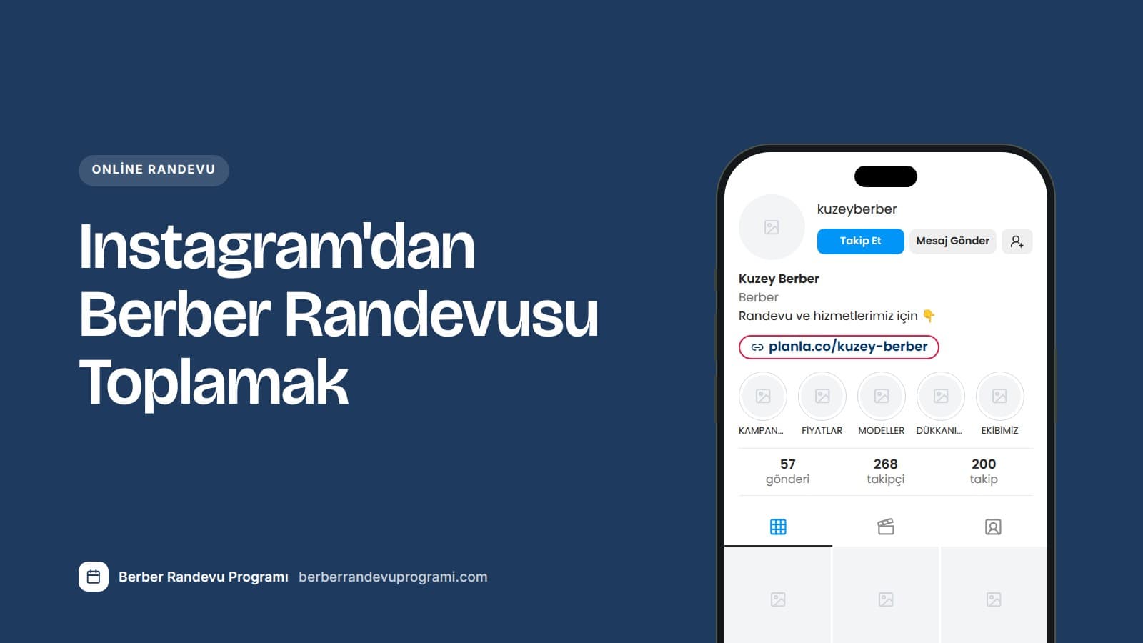 Bir berber dükkanının Instagram profili, biyografi kısmında online randevu sayfasının bağlantısı görünüyor.