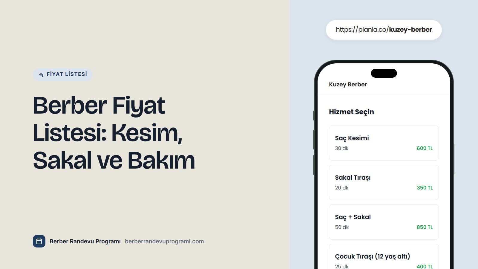 Berber dükkanının online randevu sayfasında saç kesimi, sakal tıraşı, saç ve sakal ile çocuk tıraşı hizmetleri süreleri ve fiyatlarıyla listeleniyor.