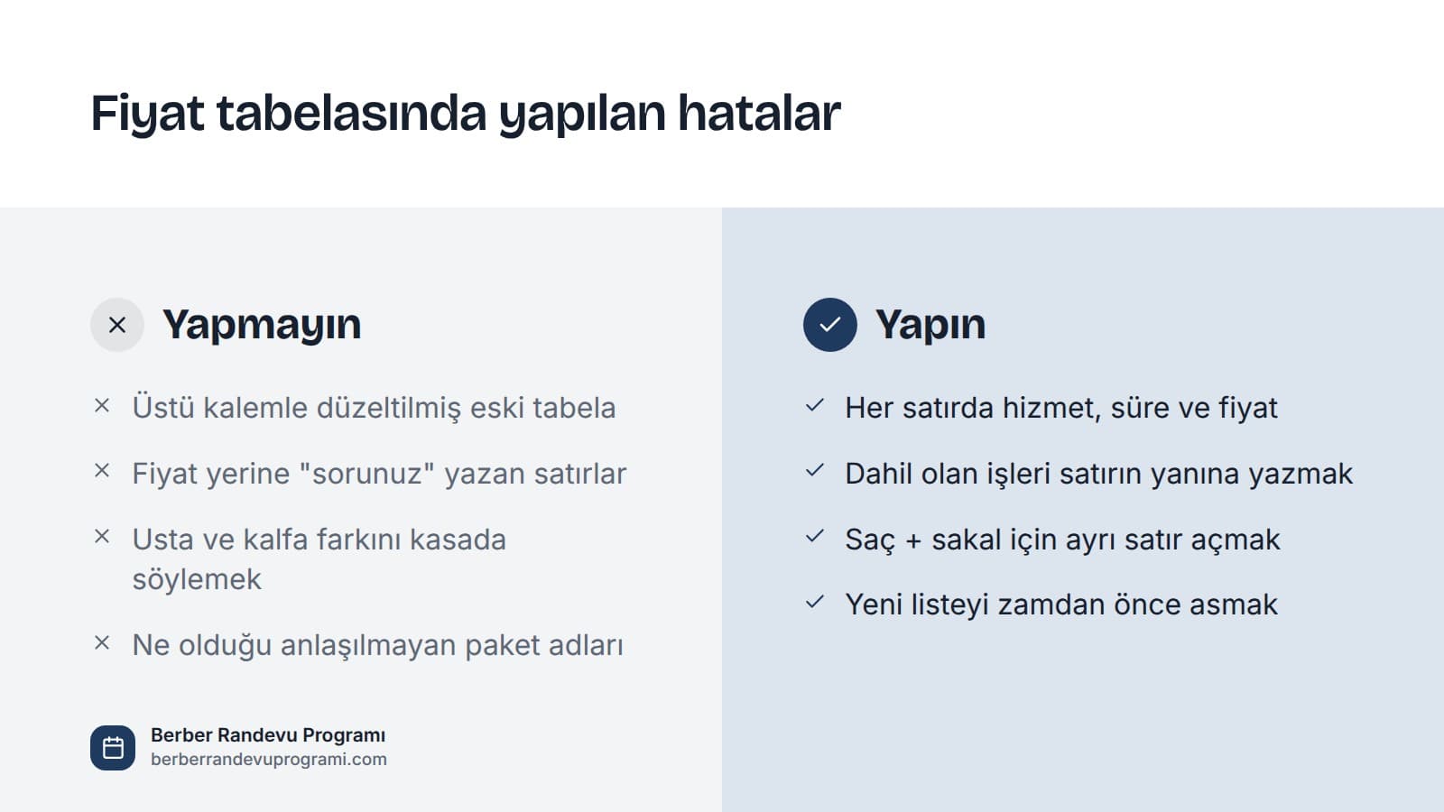 Berber fiyat tabelası için yapılmaması ve yapılması gerekenlerin iki sütunlu listesi.