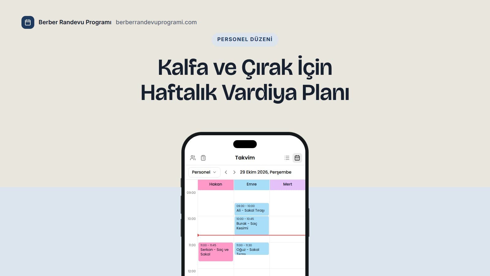 Planla Business takviminde usta Hakan, kalfa Emre ve kalfa Mert için ayrı sütunlar; Emre sabah 09:30'da, Hakan 11:00'de başlıyor.