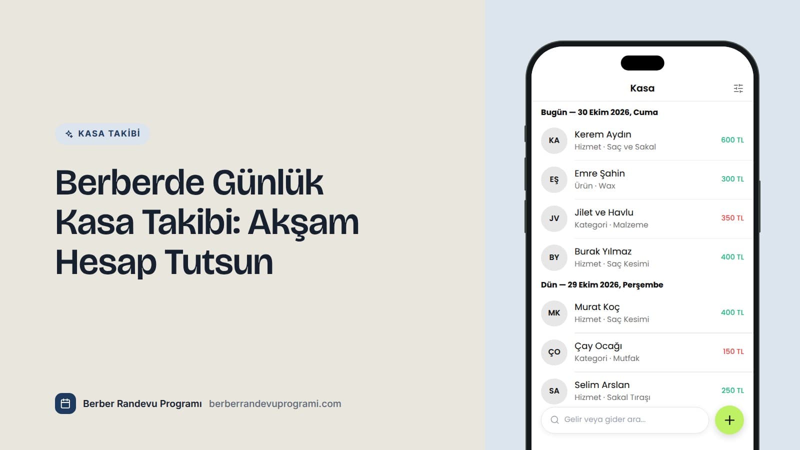 Planla Business uygulamasının kasa ekranı: bugünün saç, sakal ve wax satışları ile jilet ve havlu gideri, altında dünün kayıtları.